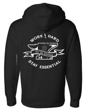 Load image into Gallery viewer, NEW "WORK HARD STAY ESSENTIAL" - BLACK UNISEX ZIP UP HOODIE