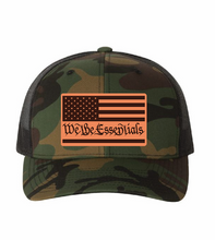 Load image into Gallery viewer, &quot;We The Essentials&quot;  Camo Trucker Hat with Leather Patch
