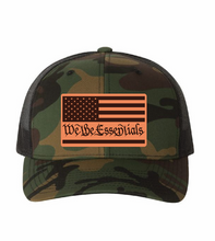 Load image into Gallery viewer, "We The Essentials" Camo Trucker Hat with Leather Patch